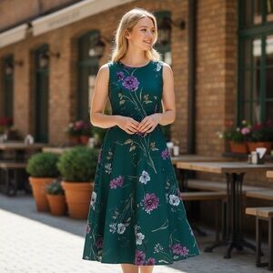 Calvin Klein Purple and Green Floral Midi Dress NWOT